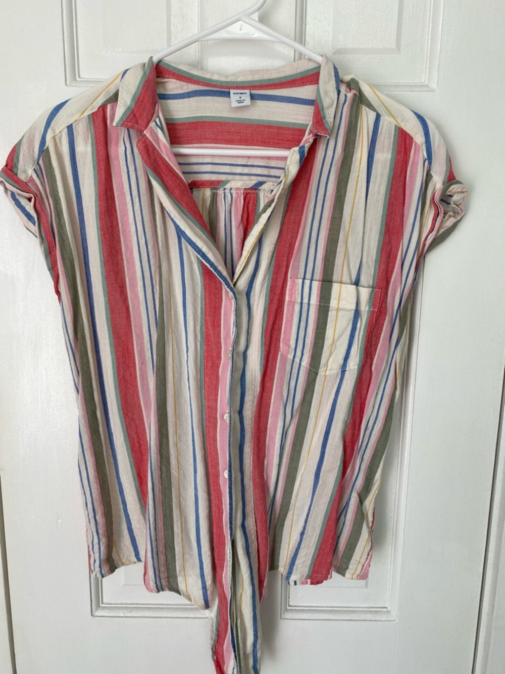 Striped Button-Front Tie-Hem Shirt - Coral & Multi